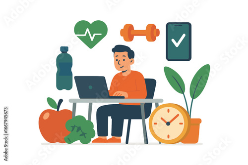 Healthy lifestyle and work life balance concept. Man at desk with laptop, food, sport and health icons. Corporate wellness vector illustration. Nutrition, fitness, time management.