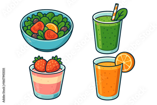 Healthy food icon set. Fresh salad, green smoothie, orange juice, strawberry dessert. Vector cartoon collection for nutrition, diet, organic meal concept. Flat illustration.