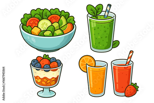 Healthy food vector collection. Set of fresh organic meals and drinks. Green salad, fruit smoothie, berry parfait dessert, orange and strawberry juice cartoon illustration.