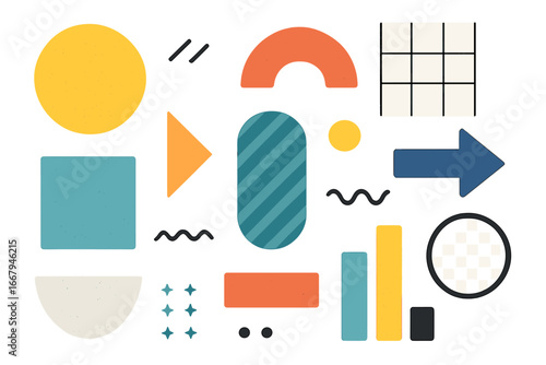 Set of abstract geometric shapes. Modern design elements with retro texture. Minimalist vector graphic resources for posters, social media. Memphis style trendy forms.