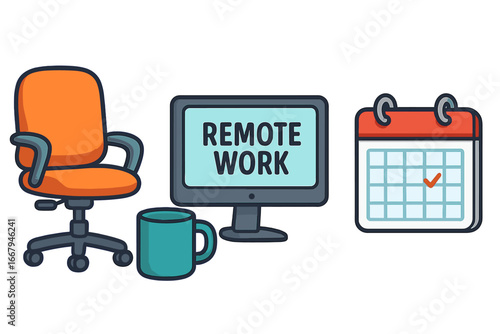 Remote work icon set. Work from home concept with office elements. Freelance job essentials, computer, chair, calendar, coffee mug. Vector cartoon illustration for business.