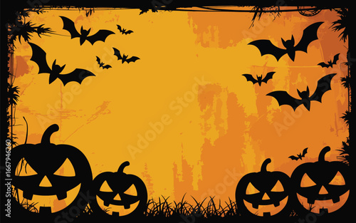 Halloween background with jack o lanterns and flying bats