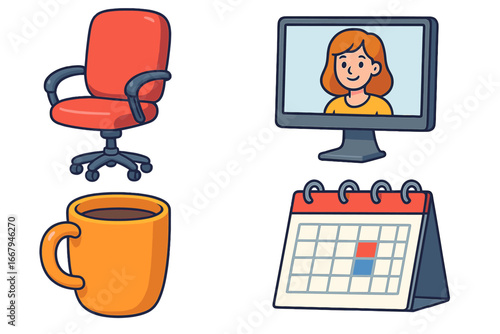 Remote work and home office cartoon vector icon set. Workspace elements with chair, monitor for video call, coffee mug, calendar. Business online meeting, virtual communication.
