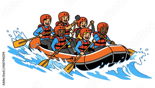 Rafting Adventure on a Raging River, Teamwork Rafting in White Water Rapids, Summer River Rafting Excursion, Exciting Outdoor Water Sport: River Rafting.