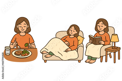 Woman's daily life evening routine set. Girl eating healthy dinner, relaxing on sofa and reading a book in an armchair. Cozy home lifestyle for self care and wellness. Vector cartoon.