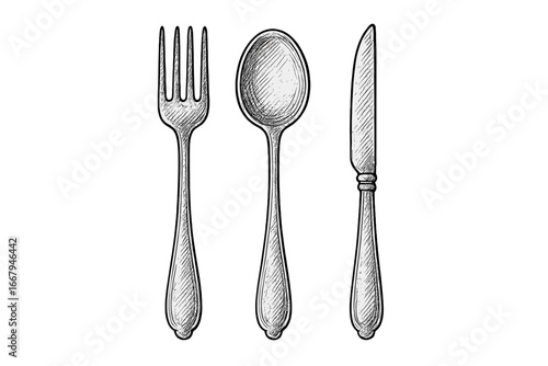 Vintage cutlery set sketch. Hand drawn fork, spoon, and knife illustration. Restaurant dinner utensil icons for menu design. Retro food and eating concept vector graphic.