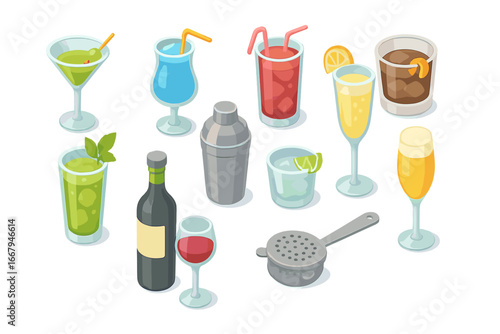 Cocktail icons set in isometric style. Bar essentials and party drink symbols. Vector cartoon illustration of alcoholic beverages for menu design, isolated on white background.