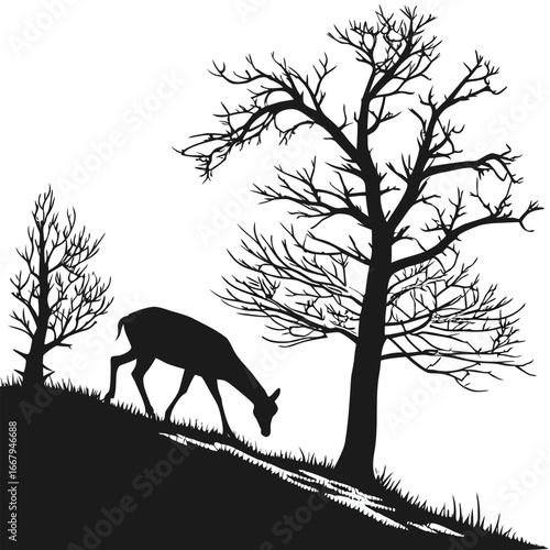 Deer grazing on hillside silhouette