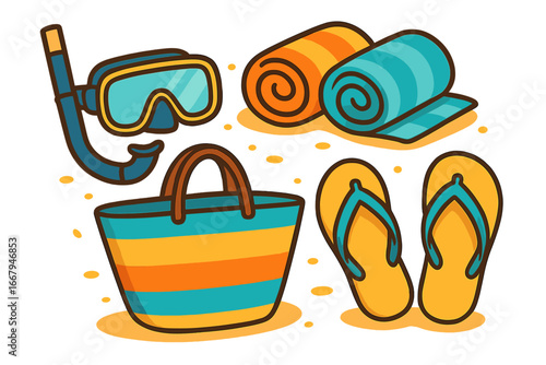 Summer beach essentials collection with colorful flip flops, striped towels, snorkeling mask, and ocean relaxation items in vibrant vector cartoon illustration
