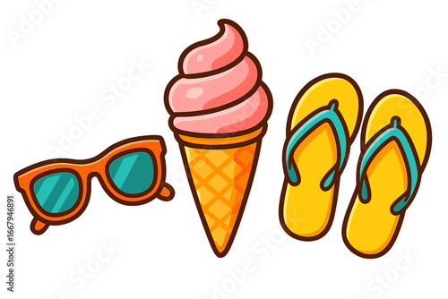 Summer relaxation essentials collection with sunglasses, ice cream cone, and flip flops in vibrant cartoon style for outdoor fun and sunny beach days