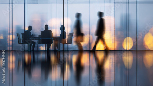 Long exposure shot of crowd of business people walking in bright office lobby fast moving with blurry,