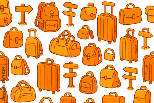 Travel essentials seamless pattern with various bright orange and yellow bags including backpacks, suitcases, duffel bags and directional signs on white background, vector cartoon illustration