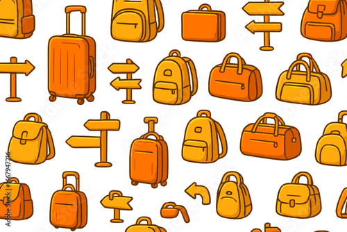 Travel essentials pattern with various bags, suitcases, duffel bags, backpacks, and directional signs in bright orange and yellow tones on white background, vector cartoon illustration