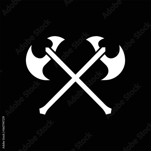 Blak background vector crossed axes logo, perfect for forestry logos, hunting club emblems, camping gear badges, and fantasy crests.