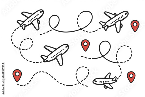 Dynamic Aviation Travel Patterns with Airplanes and Red Location Markers, Cartoon Vector Illustration for Travel, Transport, and Navigation-Themed Projects with Transparent Background