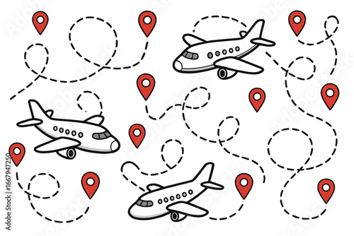 Travel patterns with airplanes and red location markers, dynamic aviation design element, cartoon style vector illustration, dotted flight paths, global travel concept