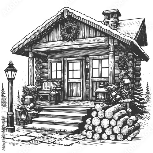 rustic log cabin with a front porch, hanging lanterns, and neatly stacked firewood sketch engraving generative ai vector illustration. Scratch board imitation. Black and white image.