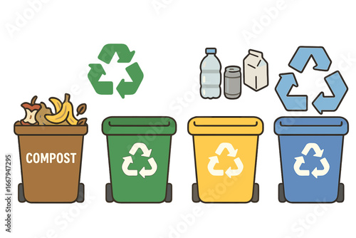 Understanding Recycling Processes with Compost Bins, Recyclable Symbols, Waste Management Items, Eco-Friendly Practices, Environmental Awareness, and Sustainable Living Vector Cartoon Illustration