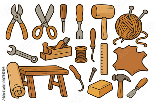 Various Crafting Tools and Materials Used in Traditional Artisan Workshops, Vintage Hand Tools, Sewing and Woodworking Equipment, Vector Cartoon Illustration with Transparent Background