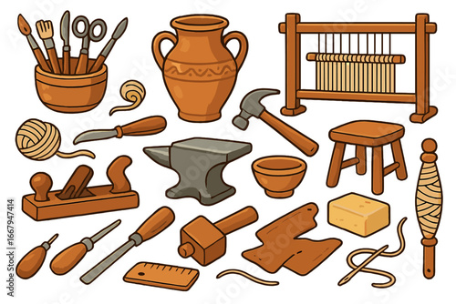 Various Traditional Crafting Tools and Materials Used in Artisan Workshops Daytime Vector Cartoon Illustration Set