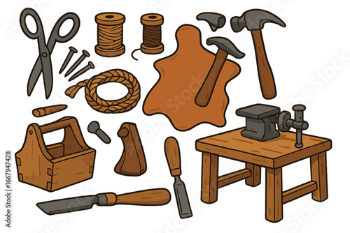 Traditional Artisan Crafting Tools and Materials Set, Handcrafted Workshop Equipment, Leatherworking, Woodworking, Sewing Supplies, Vintage Workshop Instruments, Vector Illustration