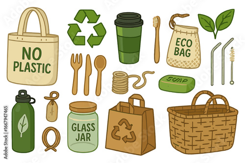 Various Eco-Friendly Items and Sustainable Living Tools Collection, Cartoon Style Vector Illustration with No Plastic Bags, Reusable Cups, Bamboo Cutlery, Glass Jars, and Zero Waste Essentials