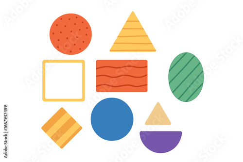 Colorful geometric shapes and textures in a minimalistic arrangement, vector cartoon illustration with round, square, triangle, oval, semicircle patterns on transparent background