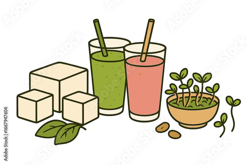 Various Plant-Based Food Items including Tofu, Green and Pink Smoothies, Fresh Sprouts, Minimalist Vector Cartoon Illustration Transparent Background