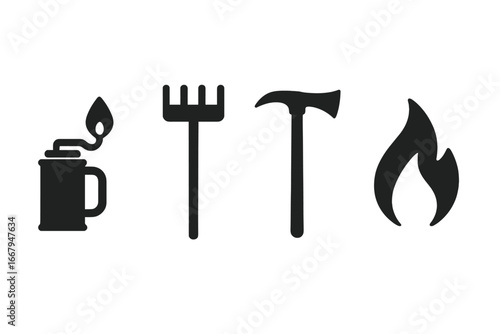 Controlled burn and wildland firefighting equipment icon set. Vector silhouettes of drip torch, fire rake, and Pulaski tool. Prescribed fire and forest management concept.