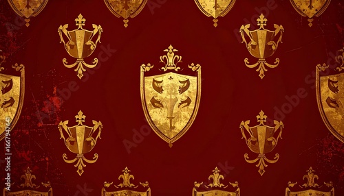 Vintage royal shields pattern with gold accents on a textured dark red backdrop