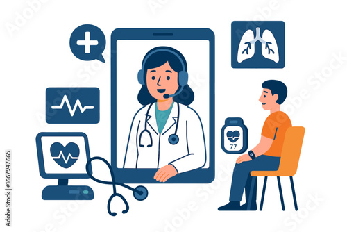 Advanced virtual healthcare technologies supporting patient diagnosis and treatment through remote monitoring systems and digital medical consultations. Vector cartoon illustration.