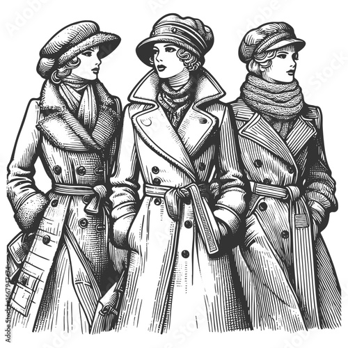 three fashionable women wearing trench coats, scarves, and hats, elegance and style sketch engraving generative ai fictional character vector illustration. Scratch board. Black and white image.