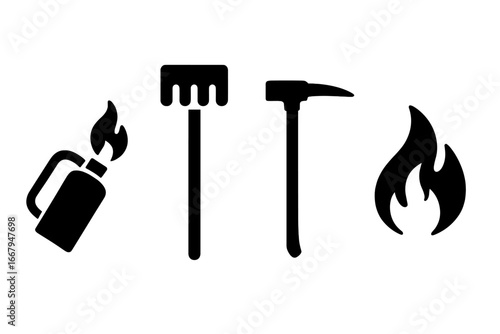 Controlled burn equipment icons. Solid filled icon set of drip torch, fire rake, Pulaski tool. Wildland firefighting gear for prescribed fire. Forest management vector illustration.