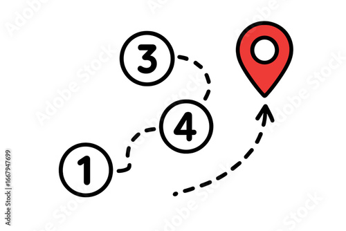 Visual representation of a step-by-step process with numbered directional indicators and a location marker, vector cartoon illustration with transparent background, sequential route mapping concept