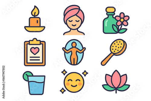 Wellness and self-care icons set with minimalistic colorful illustrations, including candle, spa, essential oils, body wellness, hydration, relaxation, and lotus flower design vector