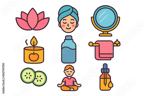 Wellness and self-care icons in vibrant minimalistic vector cartoon illustrations, featuring spa elements, meditation, aromatherapy, skincare, relaxation, and health symbols