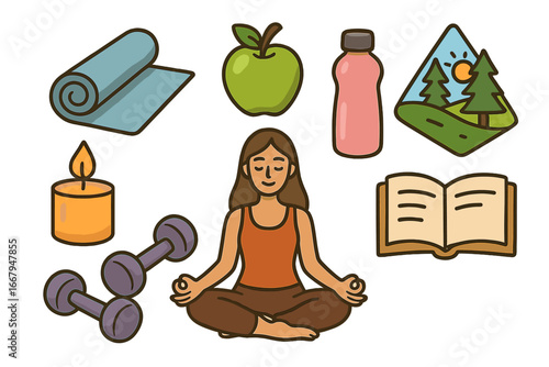 Wellness essentials for a balanced healthy lifestyle at home or in nature, yoga meditation, fitness equipment, healthy eating, hydration, relaxation, self-care vector cartoon illustration
