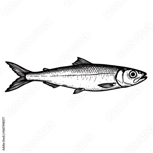 black and white silhouette vector of anchovy with white background