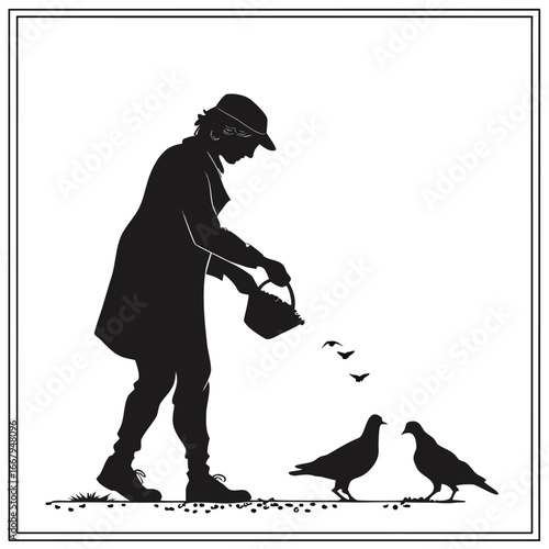 woman feed chicken silhouette vector