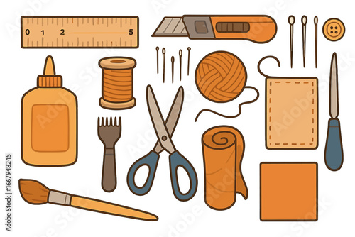Crafting tools and art supplies set for DIY projects. Vector illustration of handmade workshop materials like scissors, thread, glue, and needles for creative hobbies.