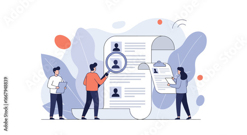 Analyzing candidate resumes with magnifying glass and people for recruitment process
