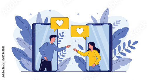 Online dating connecting people through digital devices with love hearts displayed above them