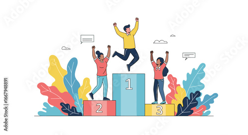 Diverse group of three people celebrating winning first second and third place on a podium with colorful foliage in the background illustrating success achievement and competition