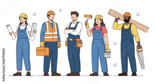 Diverse team of skilled construction workers in safety gear ready for building projects