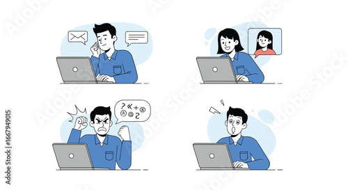Illustrations of people experiencing various emotions while working remotely on laptops showing different communication scenarios