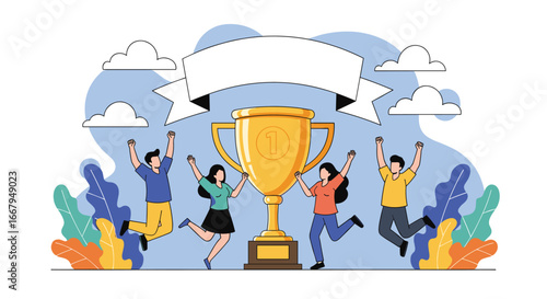 Celebrating victory with a golden trophy and joyful people jumping high in the air