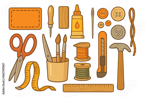Set of crafting tools for handmade hobbies. DIY equipment for sewing, art, and leatherwork. Vector illustration of artisan workshop supplies like scissors, thread, and glue.