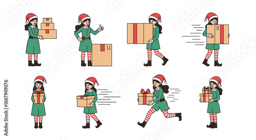 Christmas elves actively engaged in delivering presents and packages efficiently and joyfully