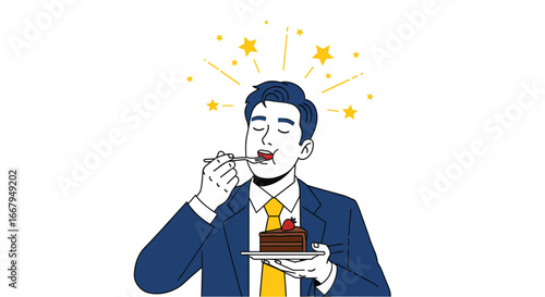 Delighted businessman enjoying a delicious piece of chocolate cake with a fork celebrating a successful moment