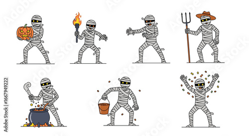 A collection of spooky mummies celebrating halloween with fun props and activities
